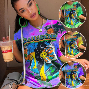 MOQ1 2021 Custom High Quality Cotton Women Graphic Tie Dye T Shirts Casual Fashion Cool Women's Oversize Printed Cartoon TShirt